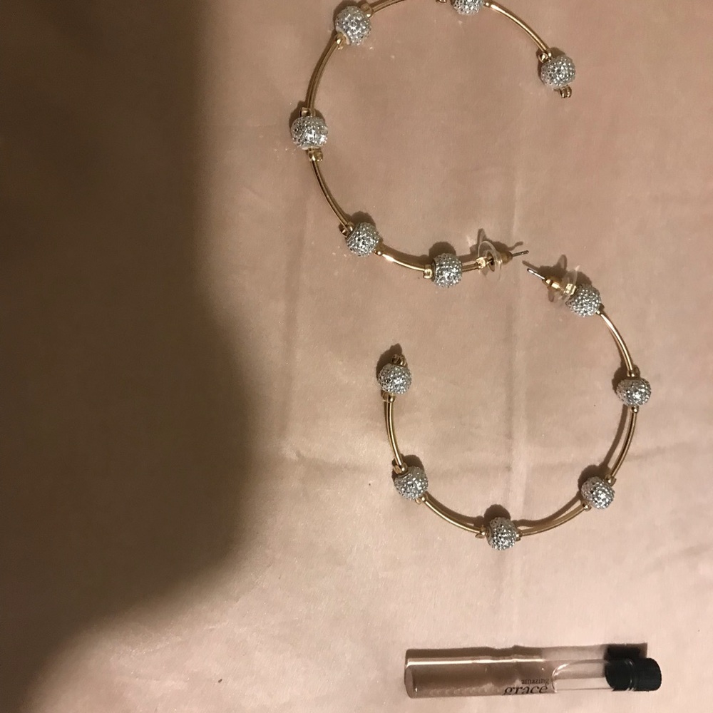 Gold large hoop earrings w rhinestones - Picture 2 of 3